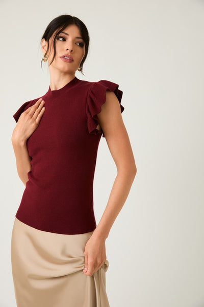 Mock Neck Ruffle Sleeve Knit Top- Burgundy