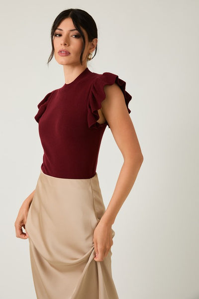 Mock Neck Ruffle Sleeve Knit Top- Burgundy