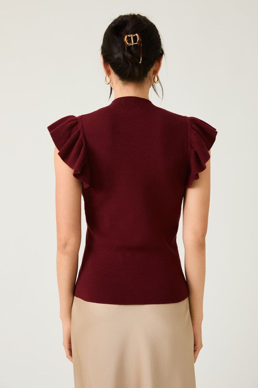 Mock Neck Ruffle Sleeve Knit Top- Burgundy