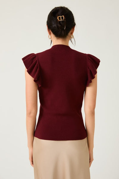 Mock Neck Ruffle Sleeve Knit Top- Burgundy
