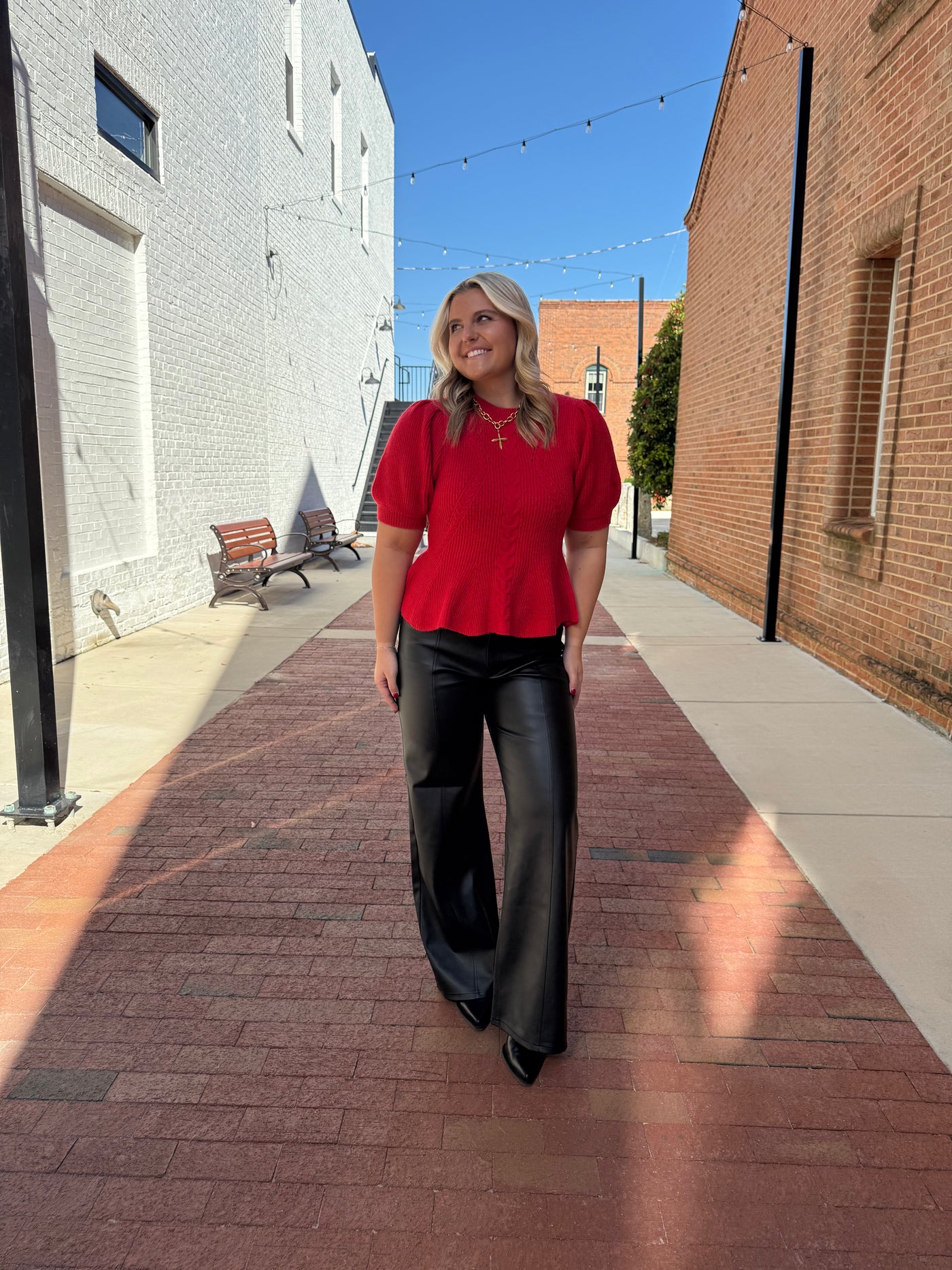 Flared Puff Sleeve Knit Top- Red