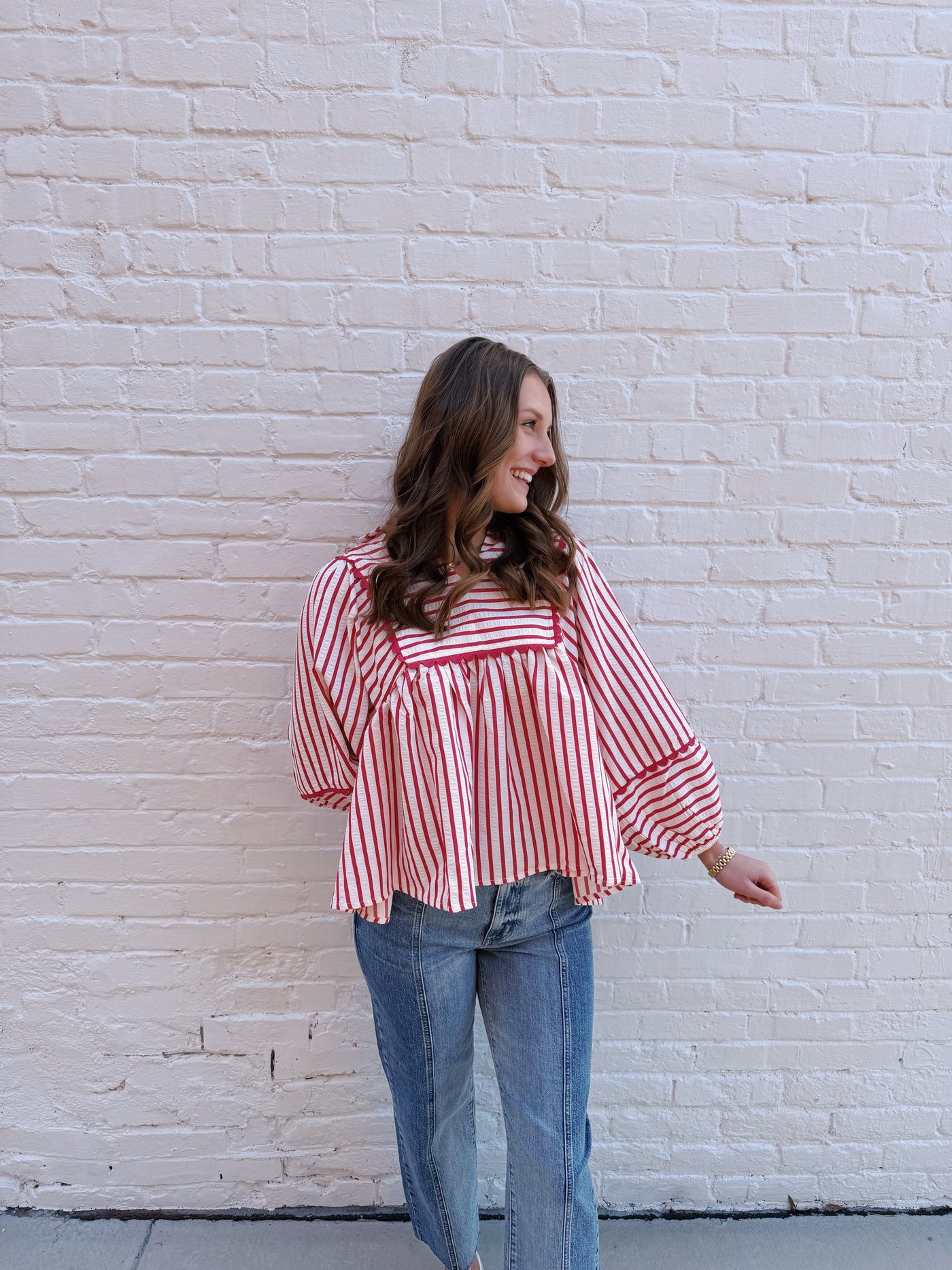 Red Striped Scallop Trim Lantern Sleeve Top