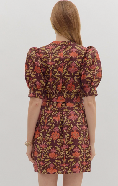 Burgundy Floral Belted Mini Dress