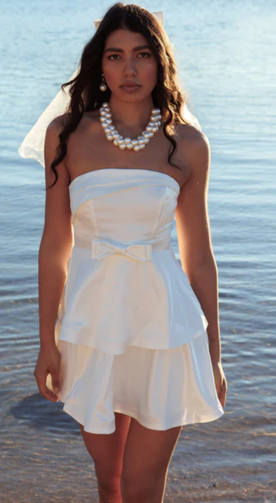 White Strapless Bow Tiered Mini Dress