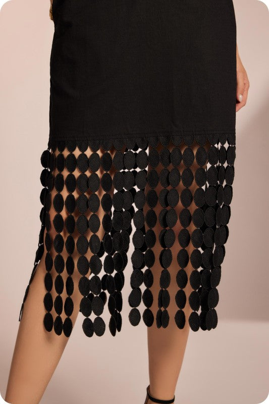 Black Dotted Fringe Hem Dress