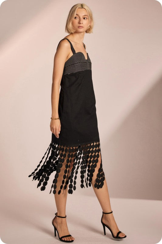 Black Dotted Fringe Hem Dress