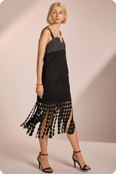 Black Dotted Fringe Hem Dress