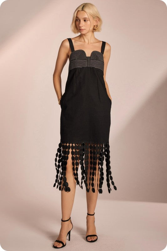 Black Dotted Fringe Hem Dress