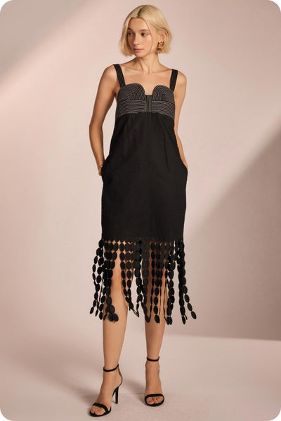 Black Dotted Fringe Hem Dress