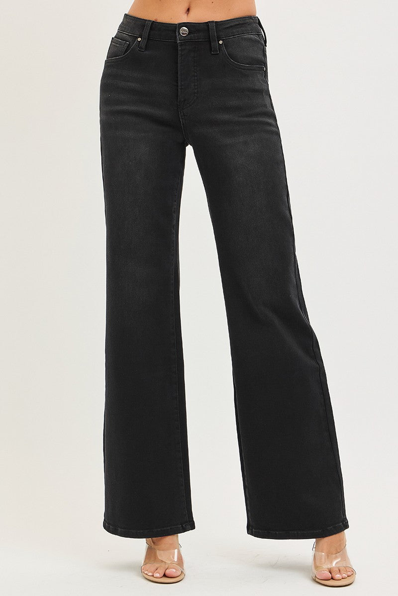 Black Tummy Control High Rise Wide Leg Jeans