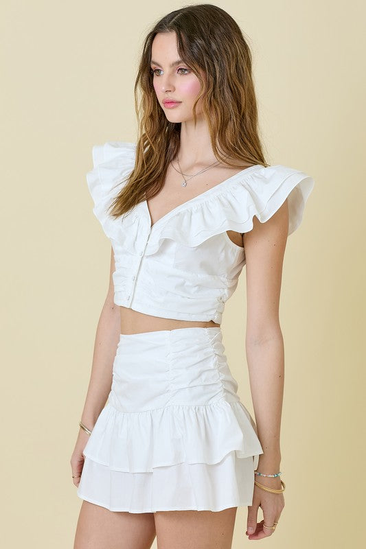 White Ruched Ruffle Detail Set