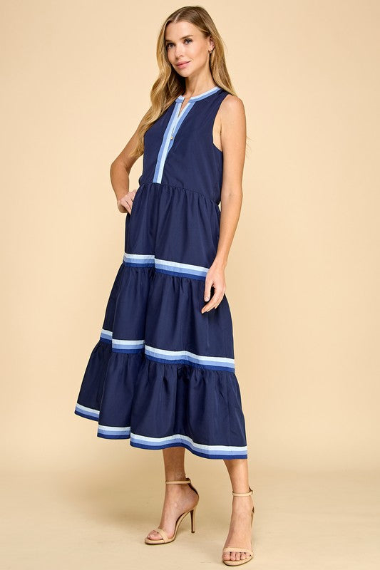 Navy Sleeveless Striped Trim Midi Dress