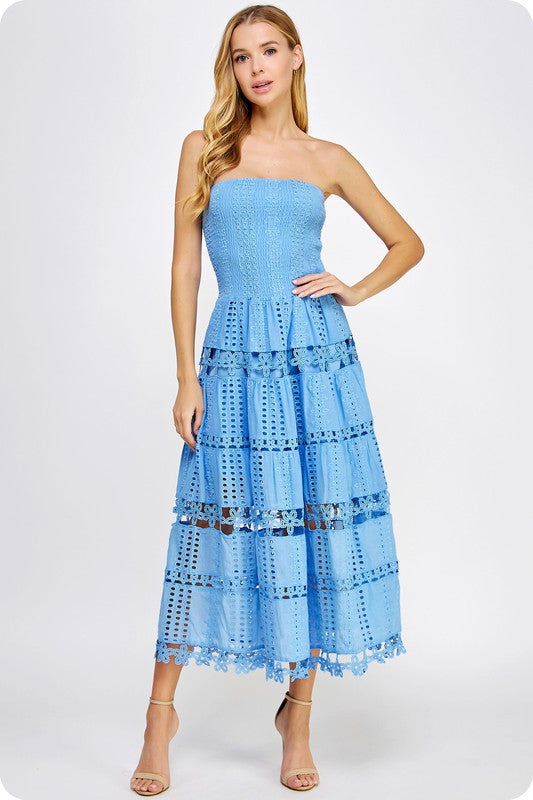 Eyelet Embroidered Lace Tube Dress- Chambray