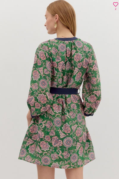 Paisley Pattern Button Front Dress-Green