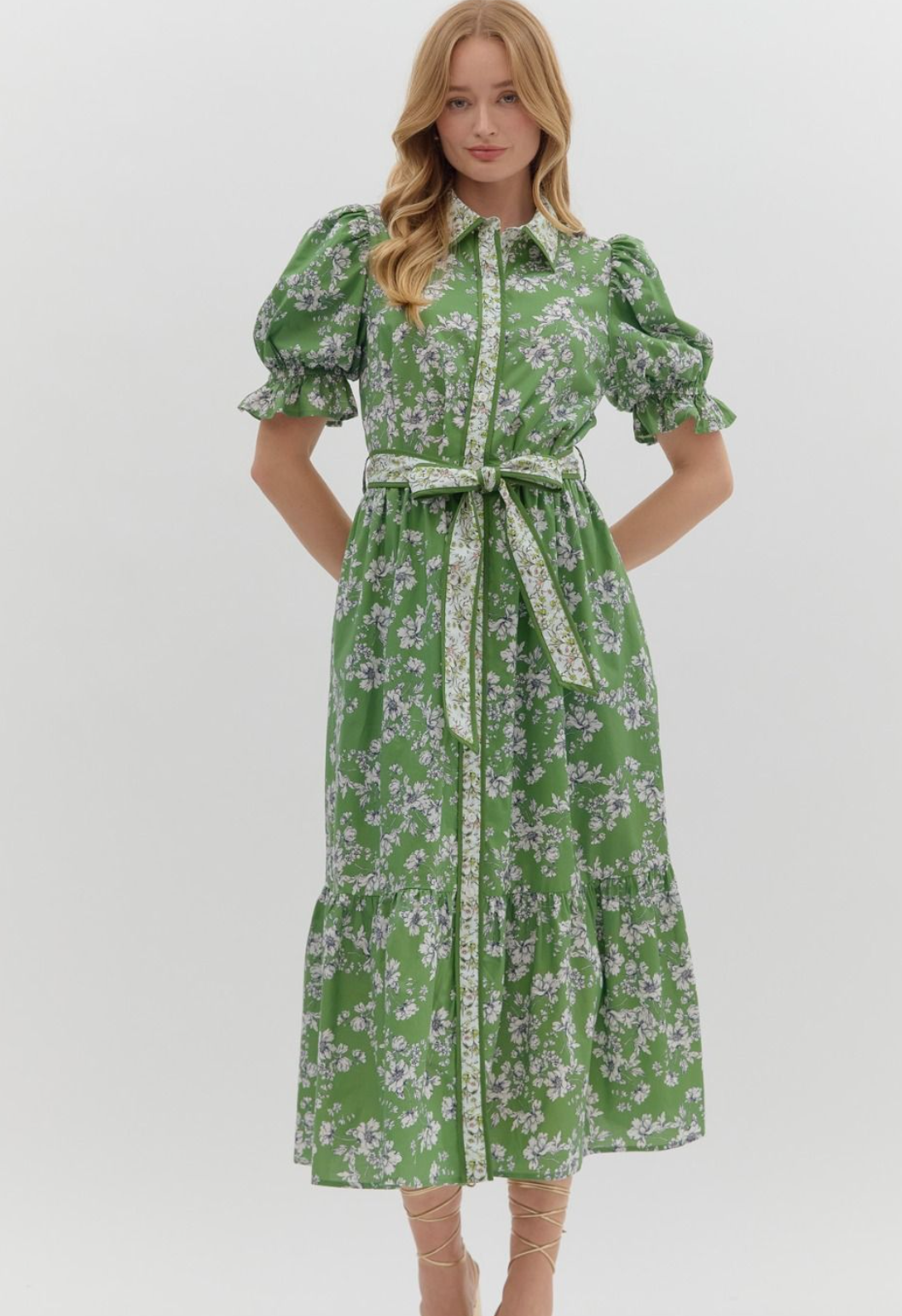 Green Floral Print Bubble Sleeve Midi Dress