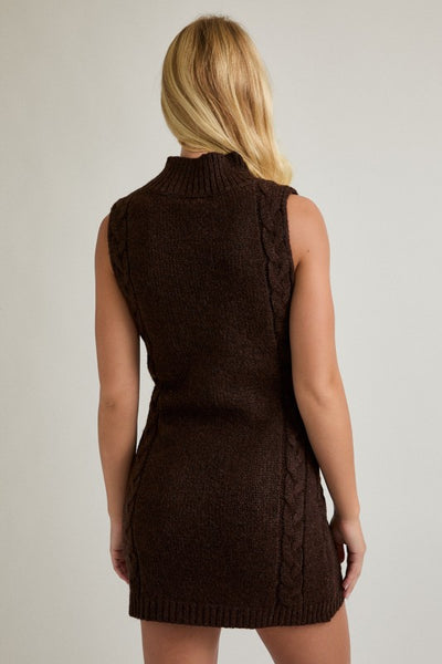 Sleeveless Mock Neck Sweater Mini Dress- Brown