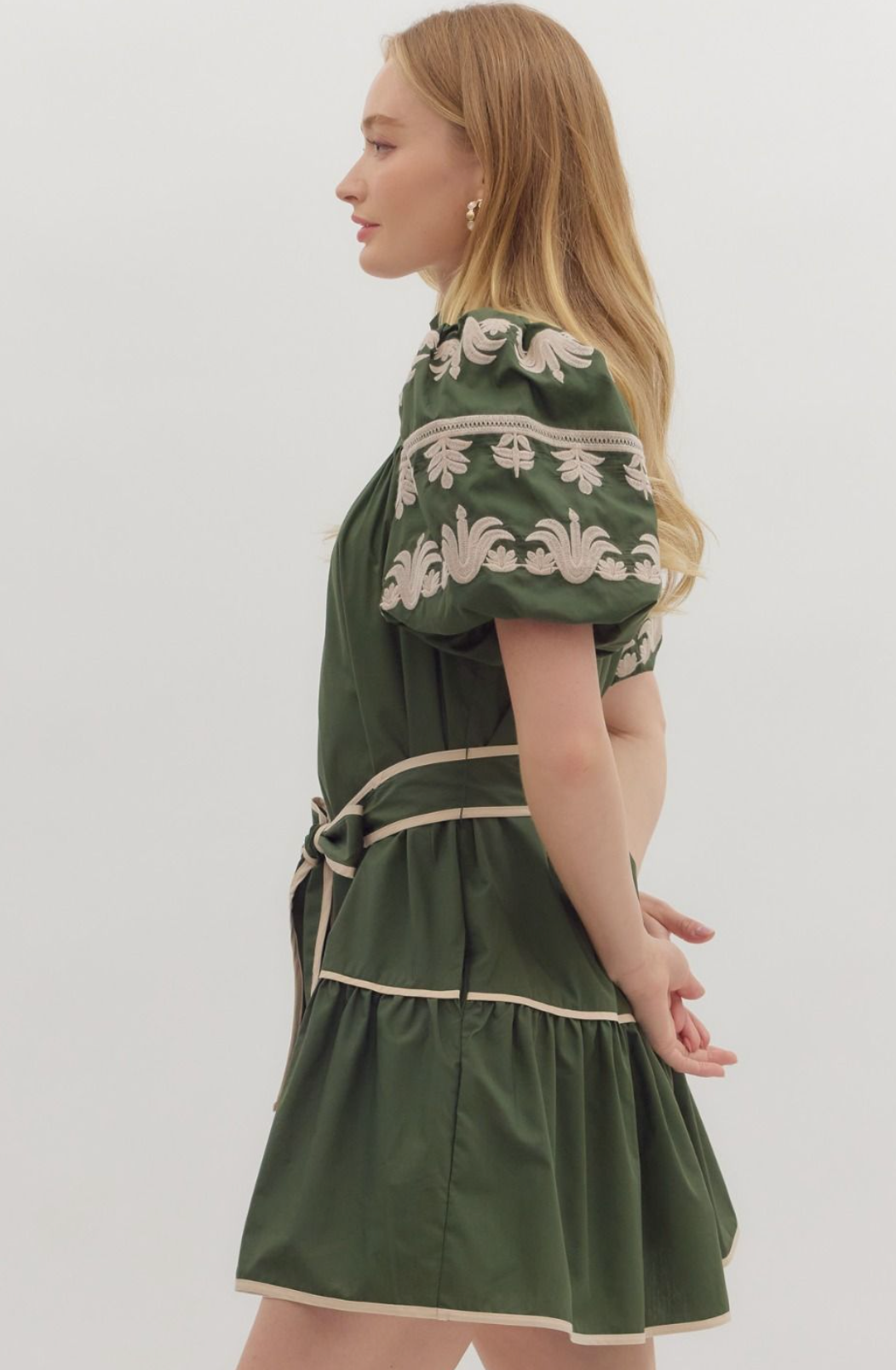 Dark Green Embroidered Sleeve Mini Dress