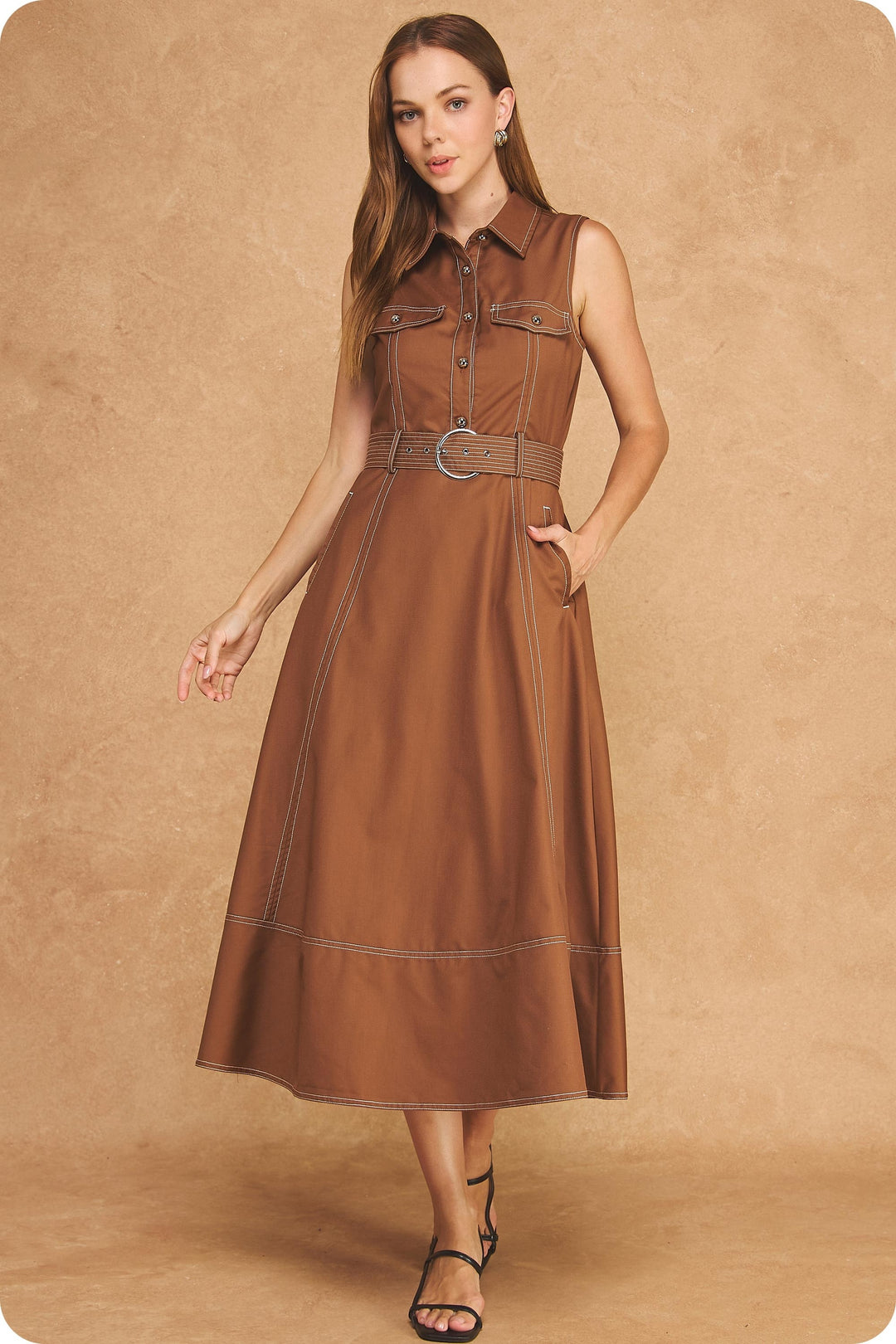 Brown Sleeveless Stitch Belted Midi Dress – The Kindred Boutique
