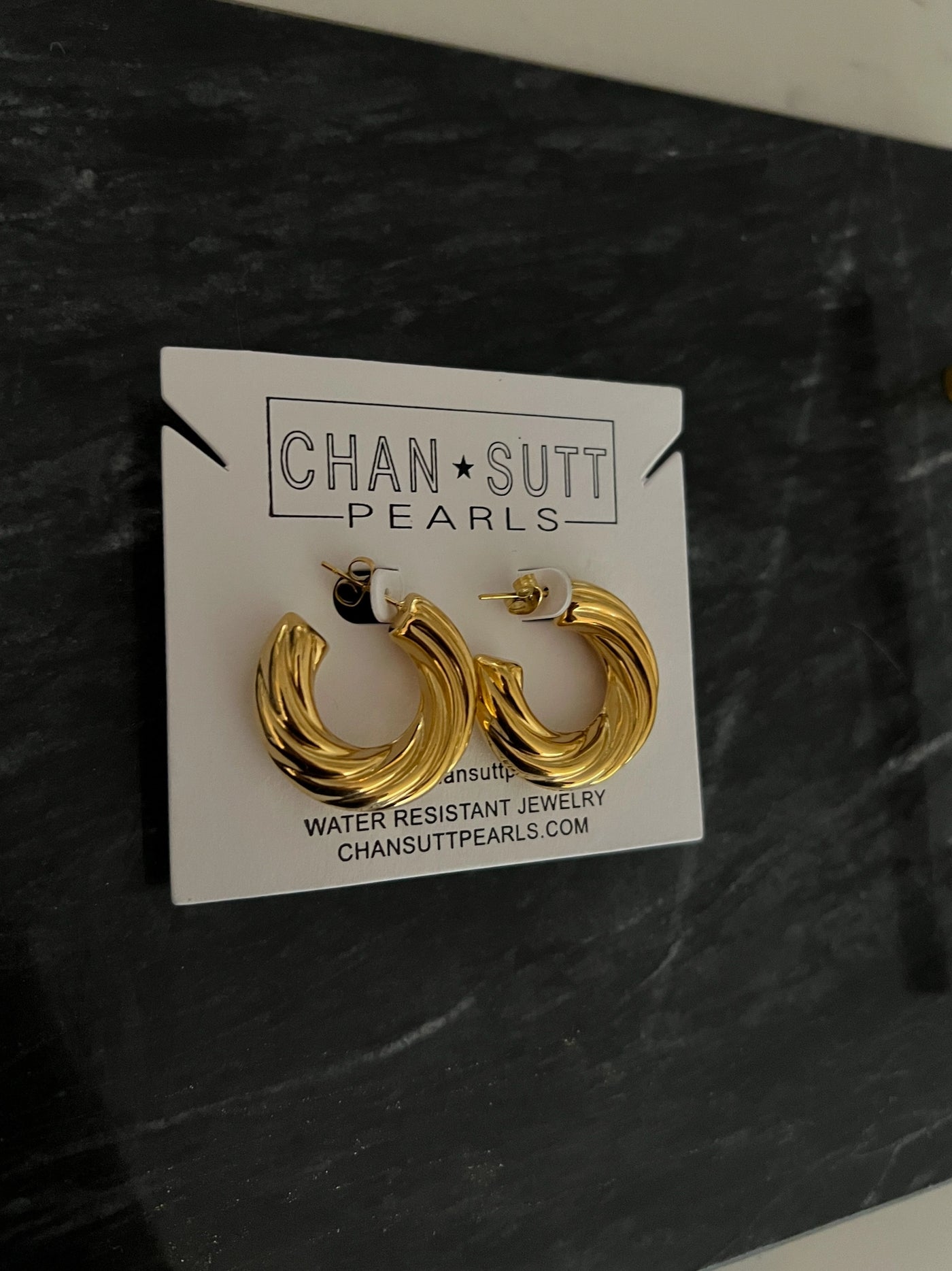 Medium Twist Hoop Earrings by Chan Sutt Pearls