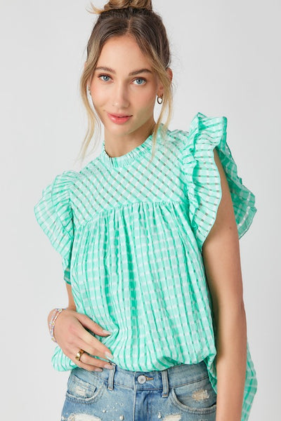 Gingham Flutter Sleeve Top-Green