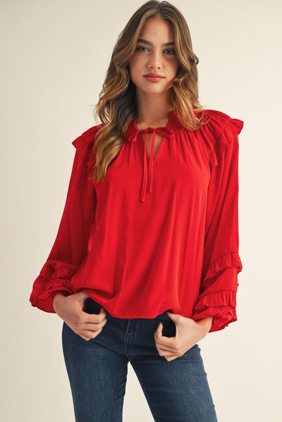 Red Ruffled Shoulder Long Sleeve Top