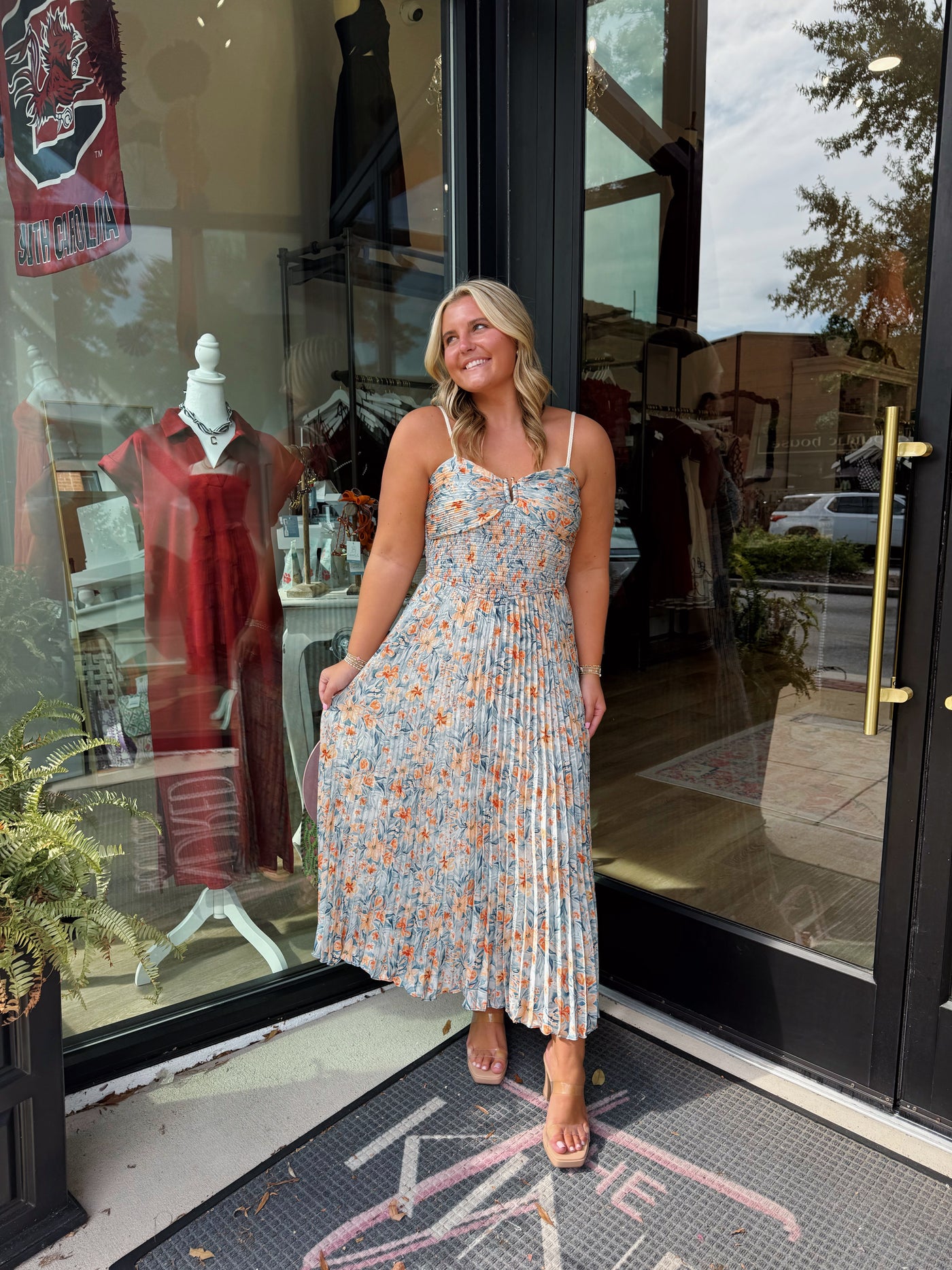 Pleated Blue Floral Midi Dress