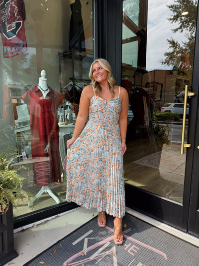 Pleated Blue Floral Midi Dress