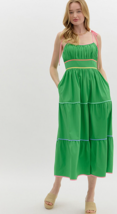 Kelly Green Shoulder Tie Midi Dress