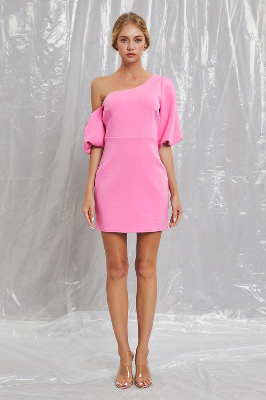 Dropped Puff Sleeve Dress- Bright Pink