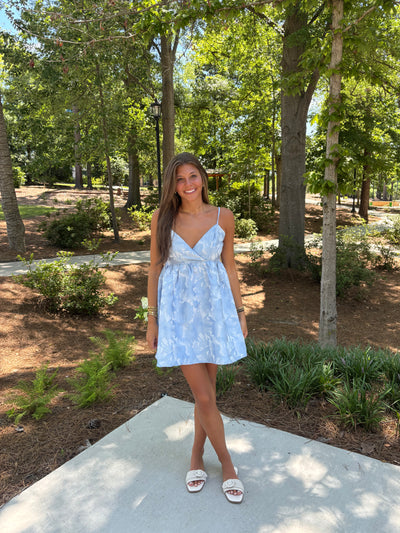 Blue Floral Jacquard Print Mini Dress