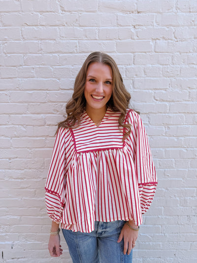 Red Striped Scallop Trim Lantern Sleeve Top