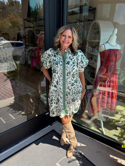 Green Floral Button Down Mini Dress