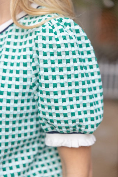 Green Striped Contrast Textured Gingham Knit Top