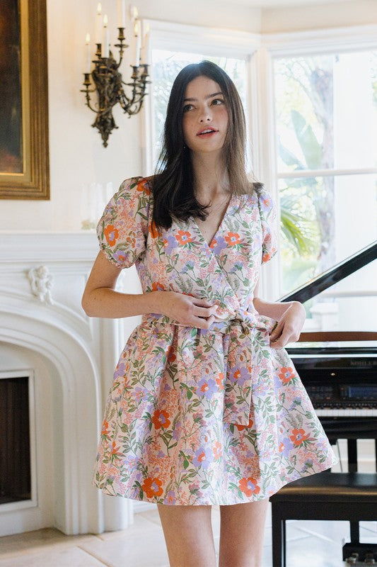 Whimsical Floral Waist Tie Mini Dress