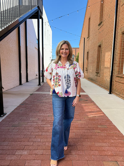 White Floral Tassel Tie Top