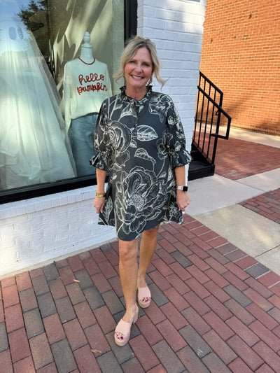 Black Floral Print Ruffle Trim Mini Dress