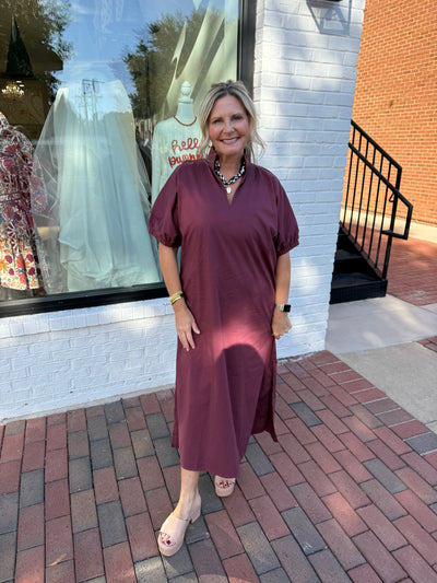 Wine Puff Sleeve Midi Dress
