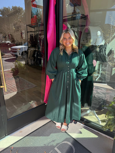 Hunter Green Pleated Waist Midi Dress