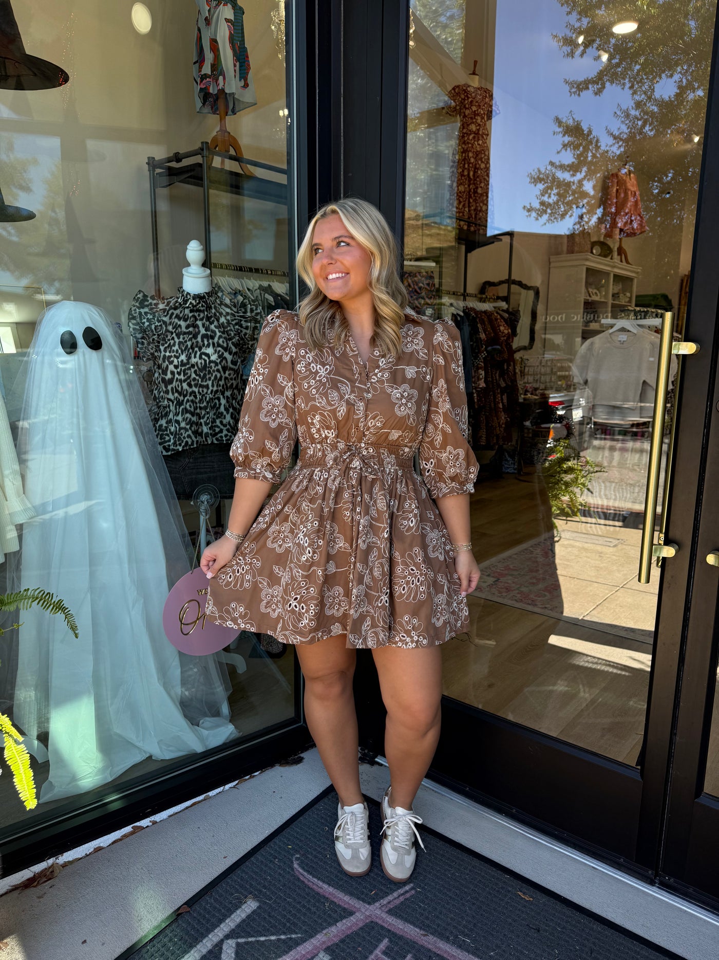 Embroidered Floral Print Elastic Waist Mini Dress