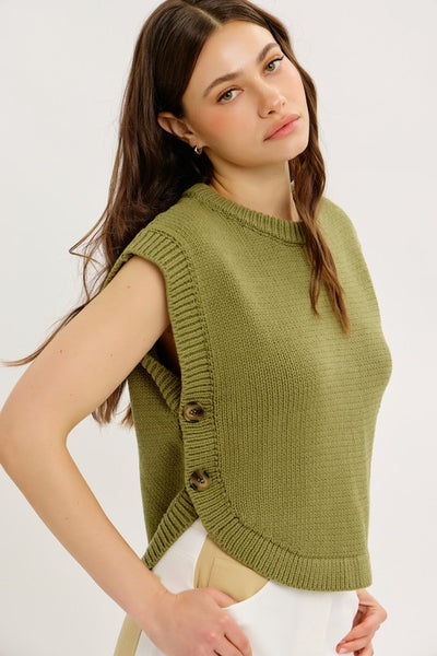 Round Neck Hi-lo Sweater Vest- Olive