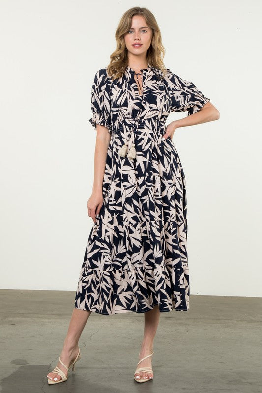 Navy and White Leaf Print Maxi Dress