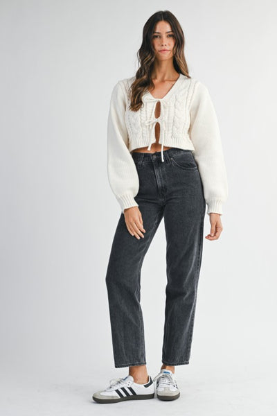 Front Tie Cable Knit Cardigan Sweater- Cream