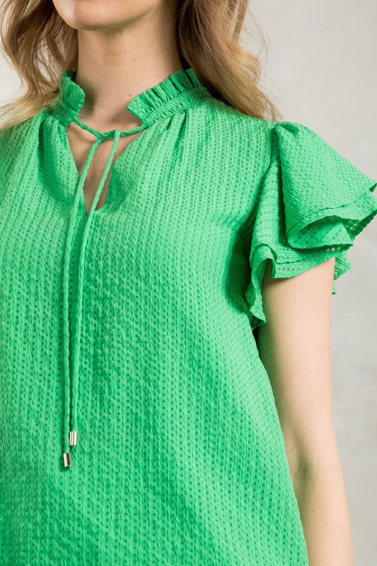 Green Flutter Sleeve Gingham Top