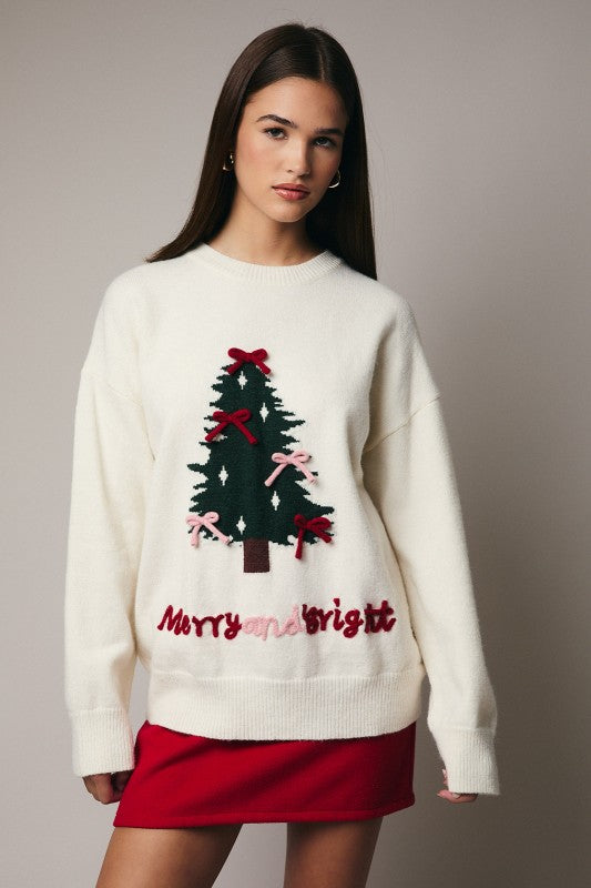 Cream Bow Tree Christmas Sweater