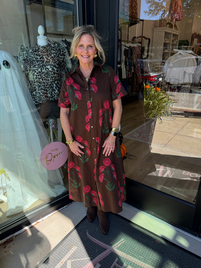 Brown Floral Button Down Midi Dress