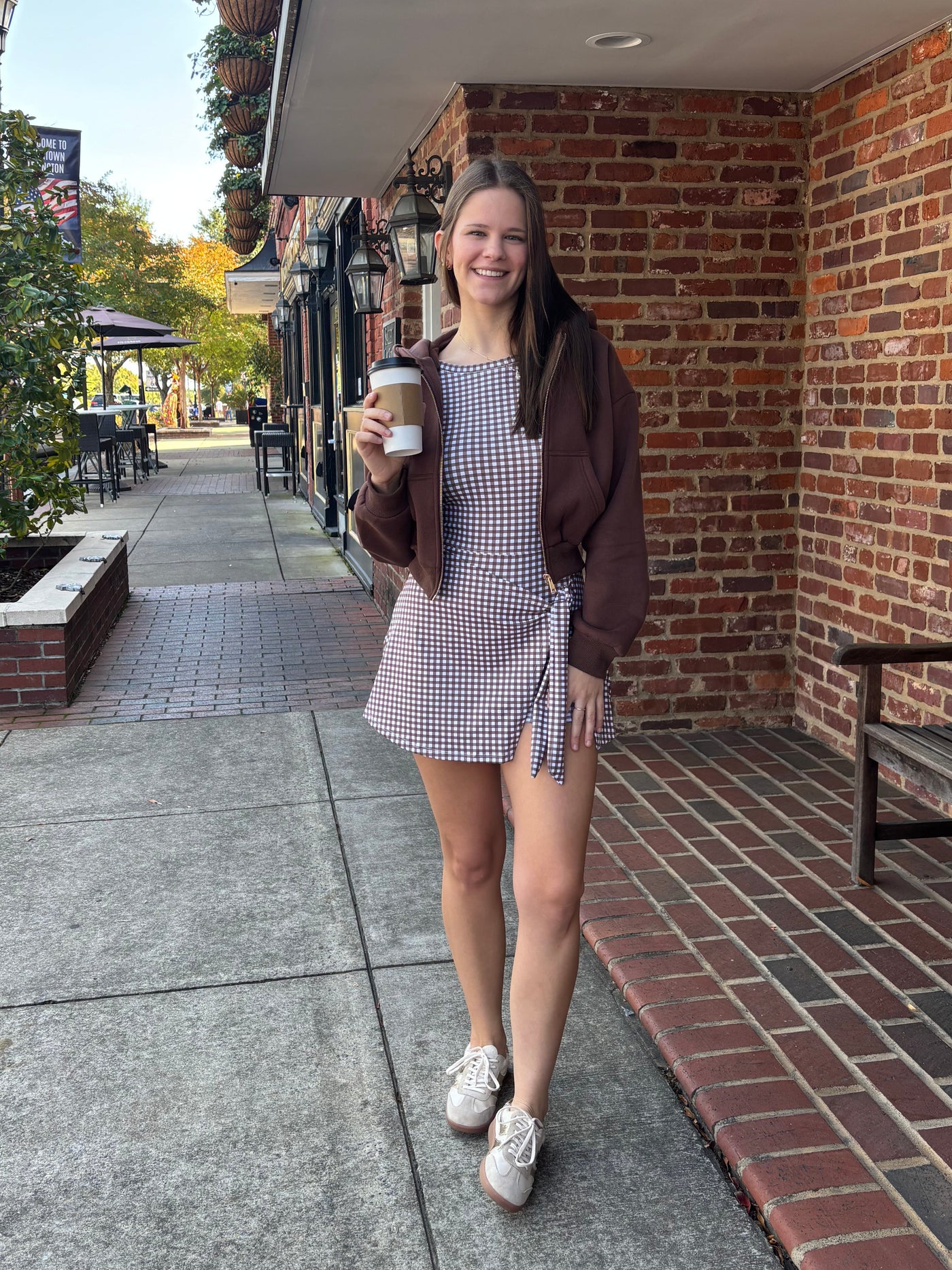 Gingham Print Sleeveless Wrap Tie Front Dress- Brown