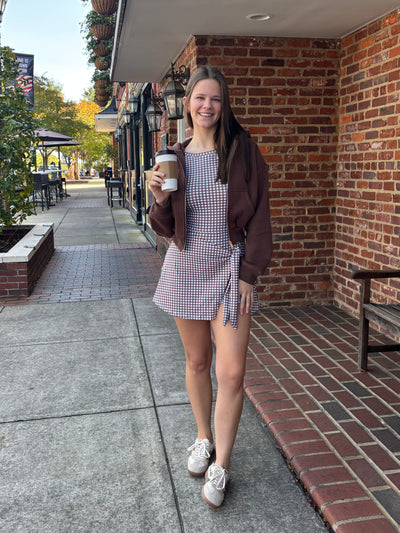 Gingham Print Sleeveless Wrap Tie Front Dress- Brown