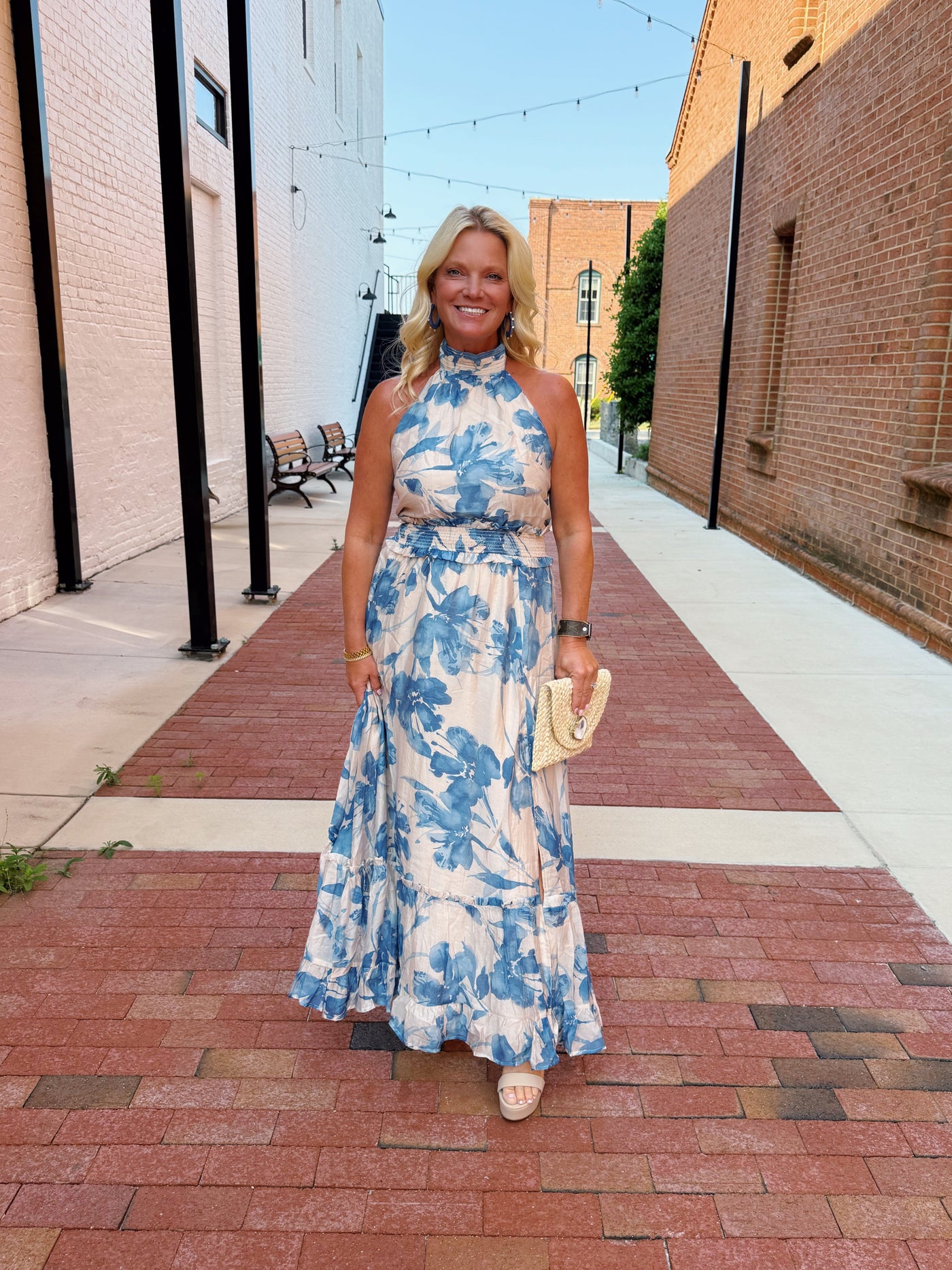 Cream And Blue Floral Tie Back Halter Maxi Dress