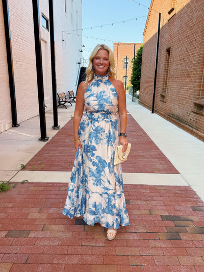 Cream And Blue Floral Tie Back Halter Maxi Dress