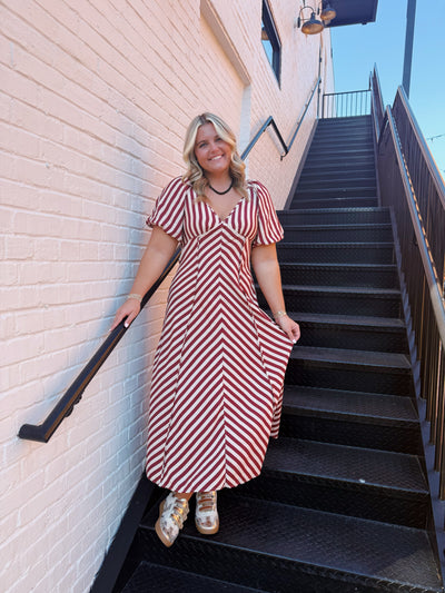 Burgundy Striped V-Neck Midi Dress
